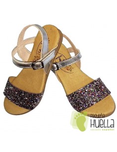 Sandalia Piel  Plata con Glitter Brillante Multicolor para niñas