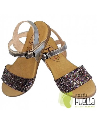 Sandalias de niña en piel plateada con Glitter Brillante Multicolor