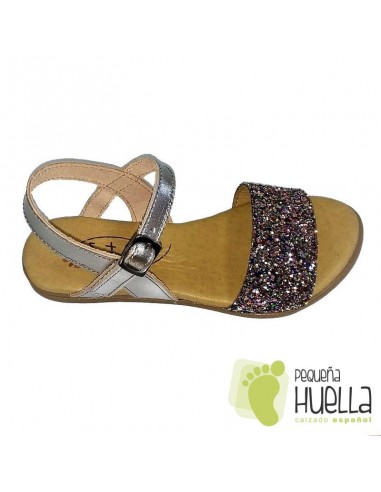 Sandalia Piel Plata con Glitter Brillante Multicolor de niña